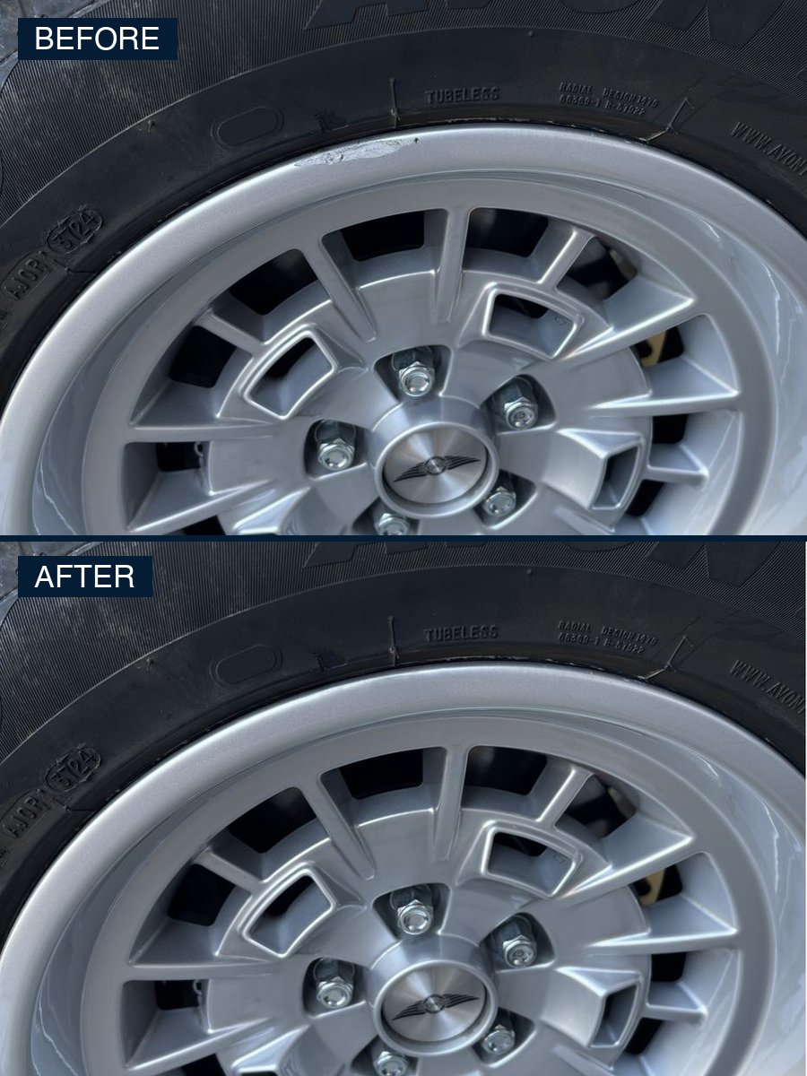 Morgan Plus 4 wire wheel after curb rash repair